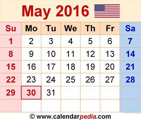 Calendar Of May 2016